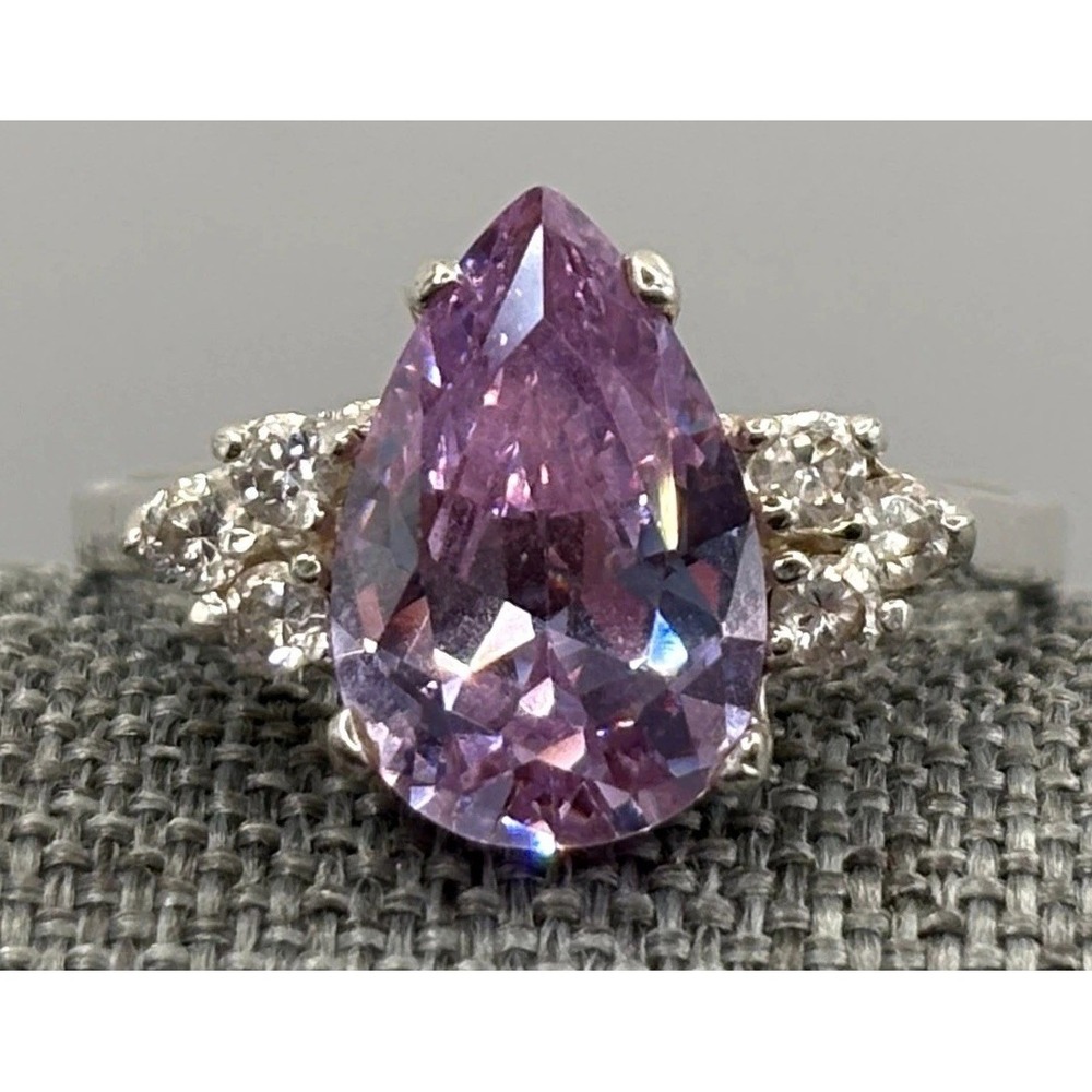 Vintage Sterling Silver Purple Pear Cut Cubic Zirconia Ring Cluster Size 9
